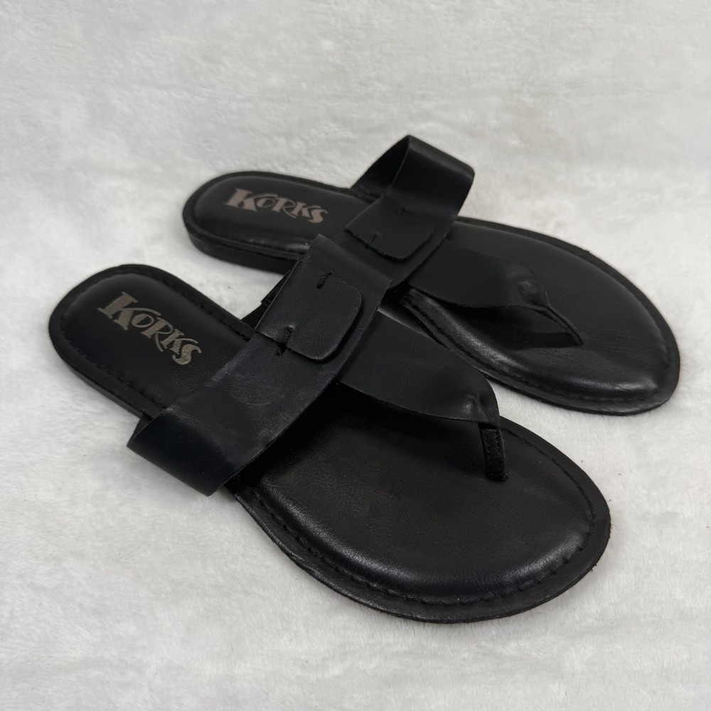 Korks Khell Black Thong Slide Sandals Women Size 7M KR0001209 Flat Minimalist